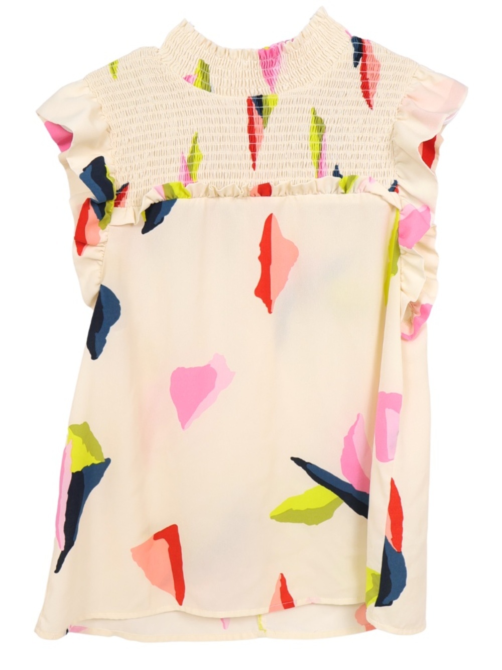 THML Cream Abstract Print Smocked Ruffle Sleeve Blouse Size Small Boutique